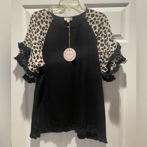 Umgee Double Ruffle Sleeve Linen Tunic Top with Frayed Hem black with leopard